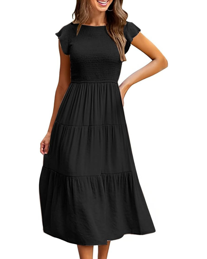 Vestido Feminino Lior – Gola Redonda, Mangas com Folhos e Cintura Elástica, Corte A, Comprimento Midi