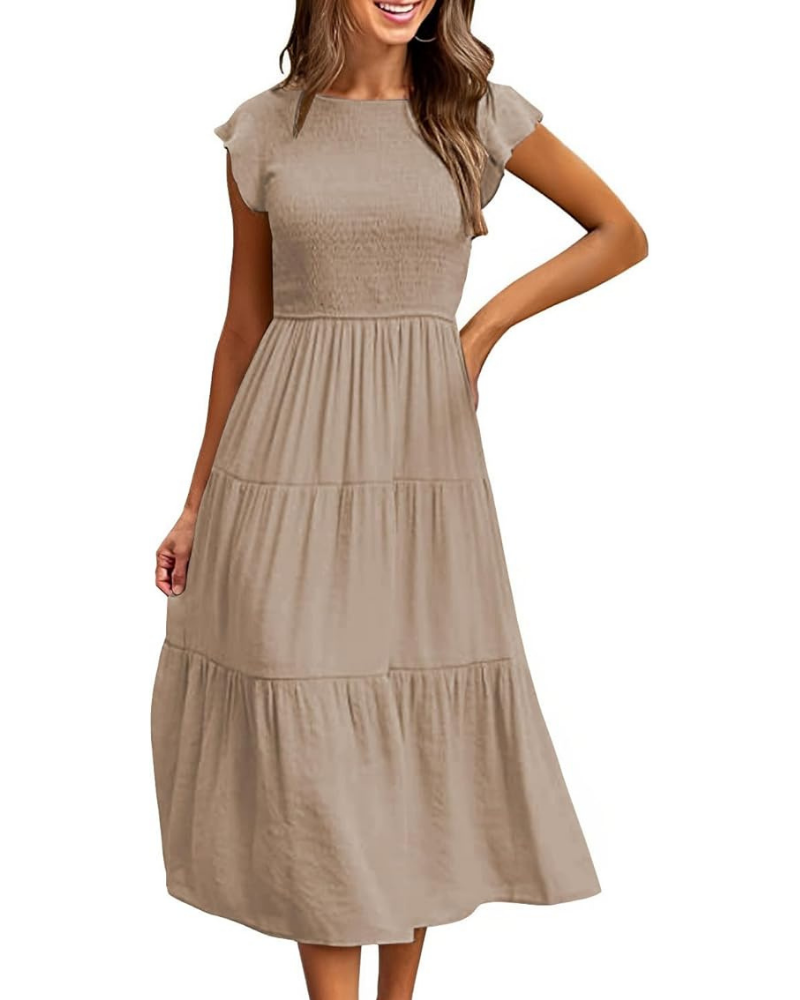 Vestido Feminino Lior – Gola Redonda, Mangas com Folhos e Cintura Elástica, Corte A, Comprimento Midi