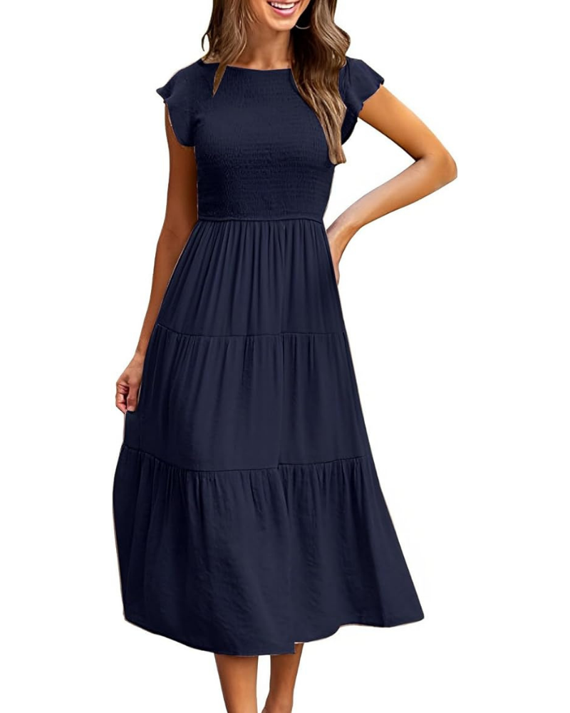 Vestido Feminino Lior – Gola Redonda, Mangas com Folhos e Cintura Elástica, Corte A, Comprimento Midi