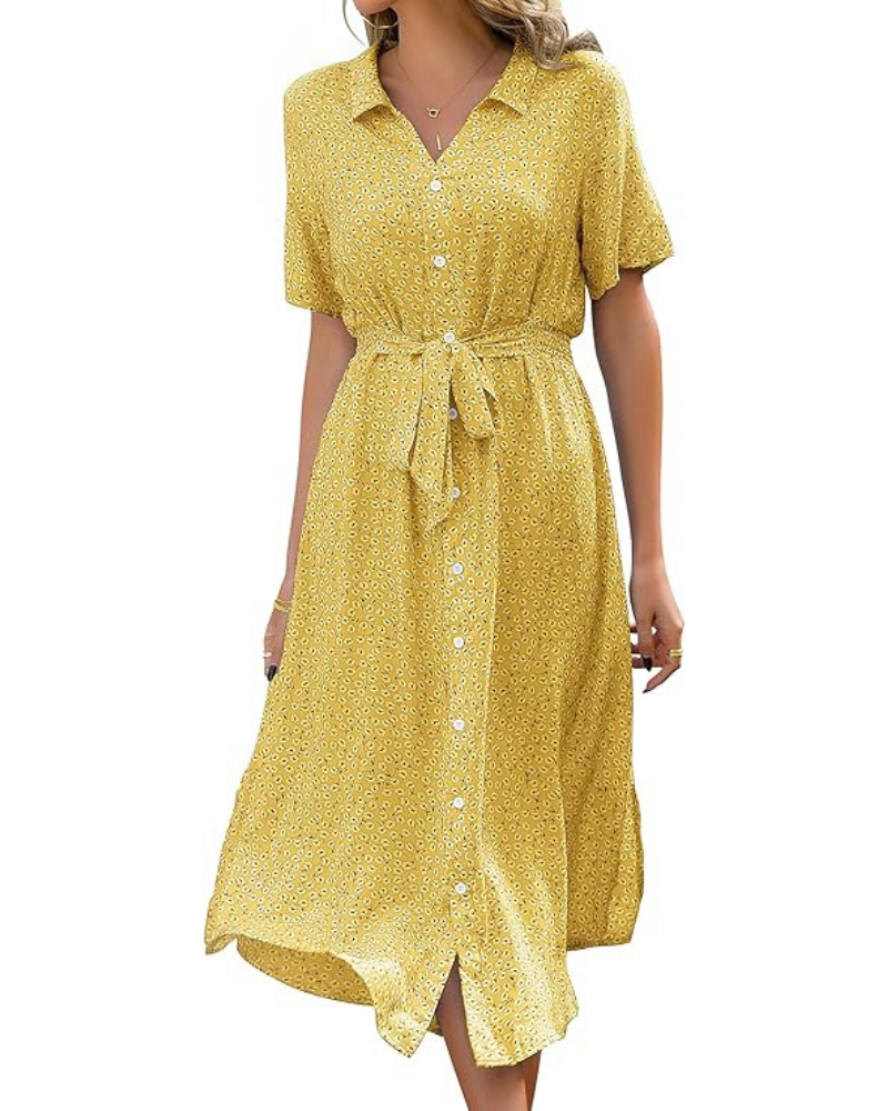 Eira Dámská Šaty – Výstřih do V s Květinovým Vzorem, Volný Střih s Páskem & Elegantní Boho Styl na Léto