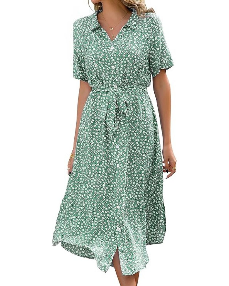 Eira Dámská Šaty – Výstřih do V s Květinovým Vzorem, Volný Střih s Páskem & Elegantní Boho Styl na Léto