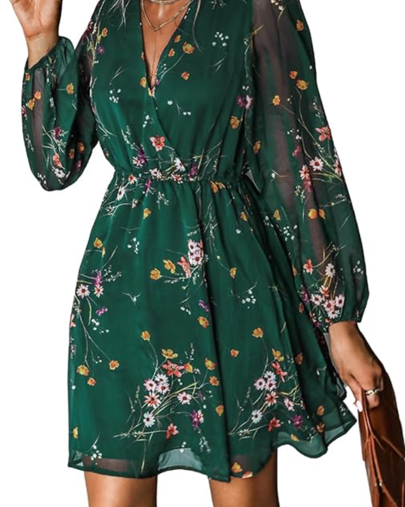 Zaya Dámský Župan – Mini Zavinovací, Výstřih do V a Květinový Vzor, Dlouhé Elegantní Rukávy