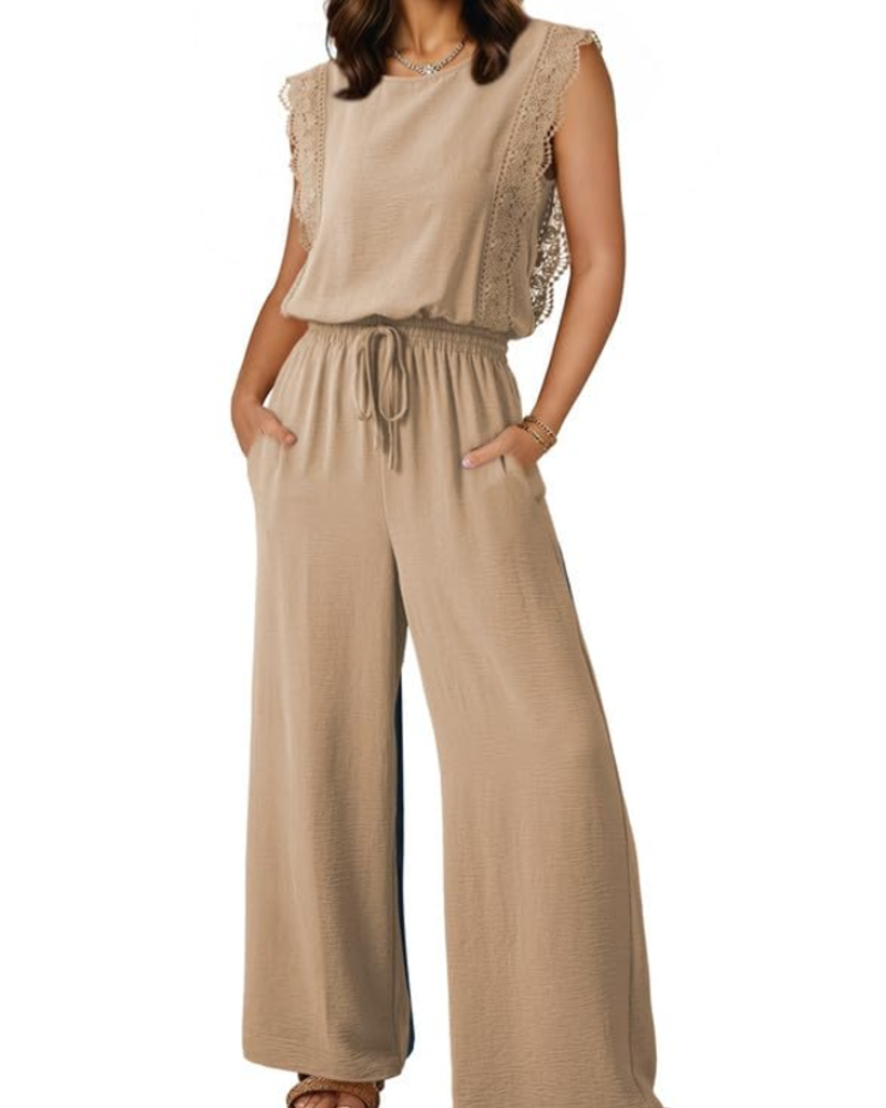 Eleanor Combinaison Femme Été – Dentelle Manches Courtes & Pantalon Large