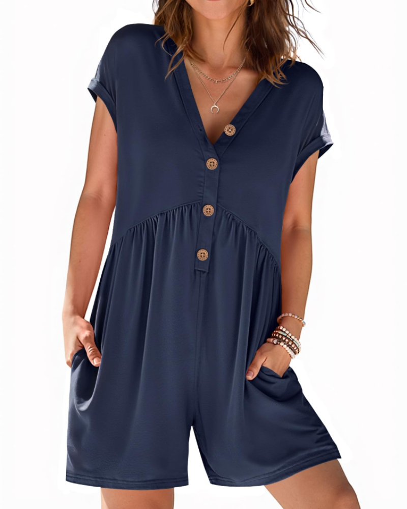 Audrey Combishort Femme Été – Col V Boutonné & Taille Élastique avec Poches