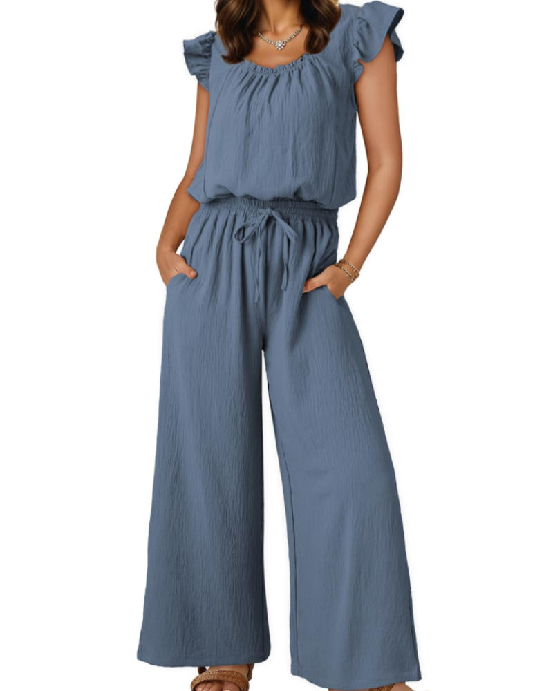 Hazel Damen-Sommeroverall – Volantärmel, eckiger Ausschnitt & weiter Hosenbein