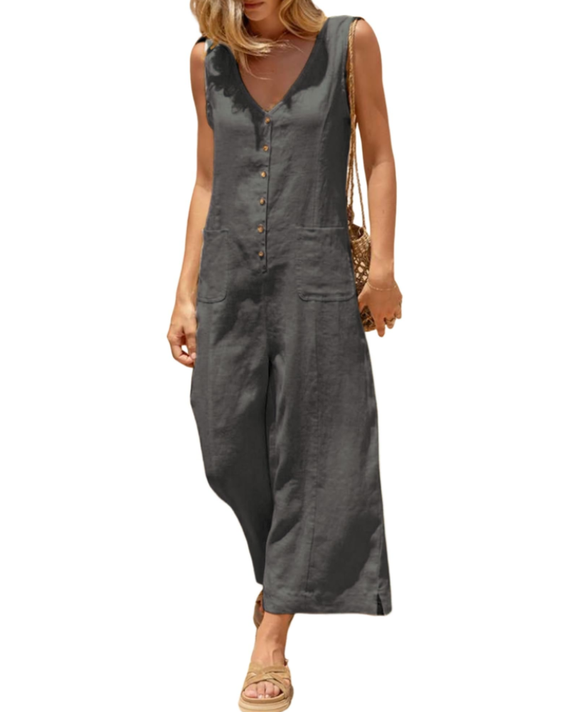 Grace Combinaison Femme Été – Lin Coton Col V Boutonné avec Poches