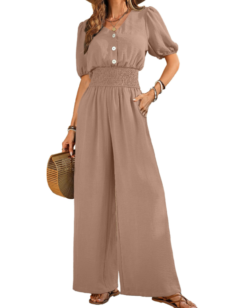 Stella Combinaison Femme Été – Col V Boutonné & Pantalon Large avec Poches