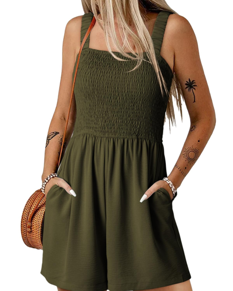 Savannah Damen-Sommer-Overall – Geraffter, quadratischer Ausschnitt mit Taschen