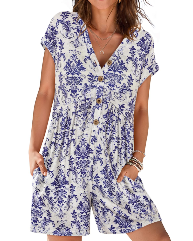 Audrey Combishort Femme Été – Col V Boutonné & Taille Élastique avec Poches