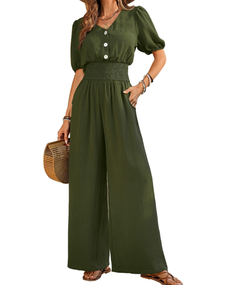 Stella Combinaison Femme Été – Col V Boutonné & Pantalon Large avec Poches