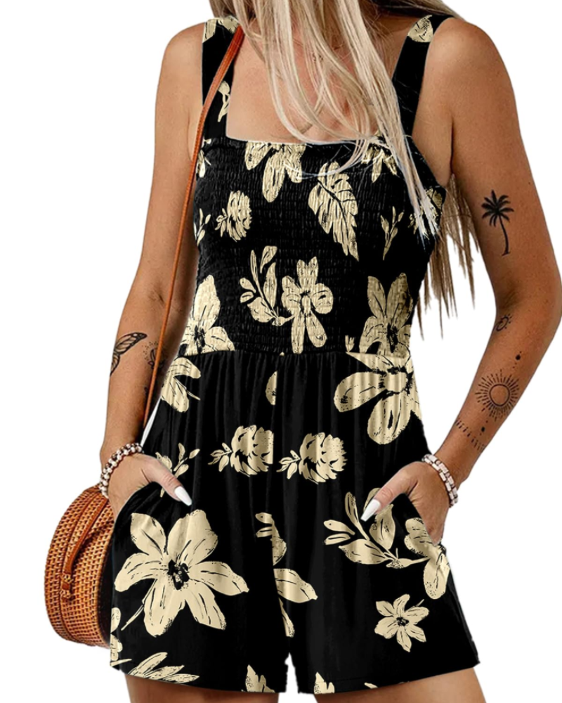 Savannah Damen-Sommer-Overall – Geraffter, quadratischer Ausschnitt mit Taschen