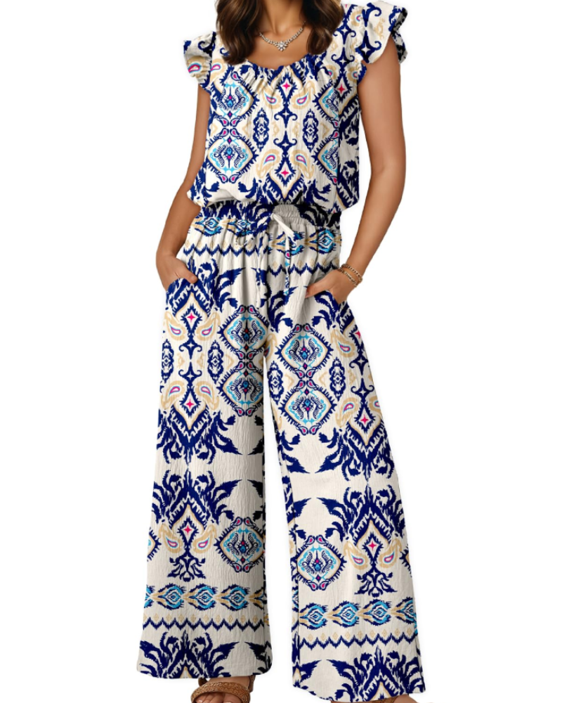 Hazel Damen-Sommeroverall – Volantärmel, eckiger Ausschnitt & weiter Hosenbein
