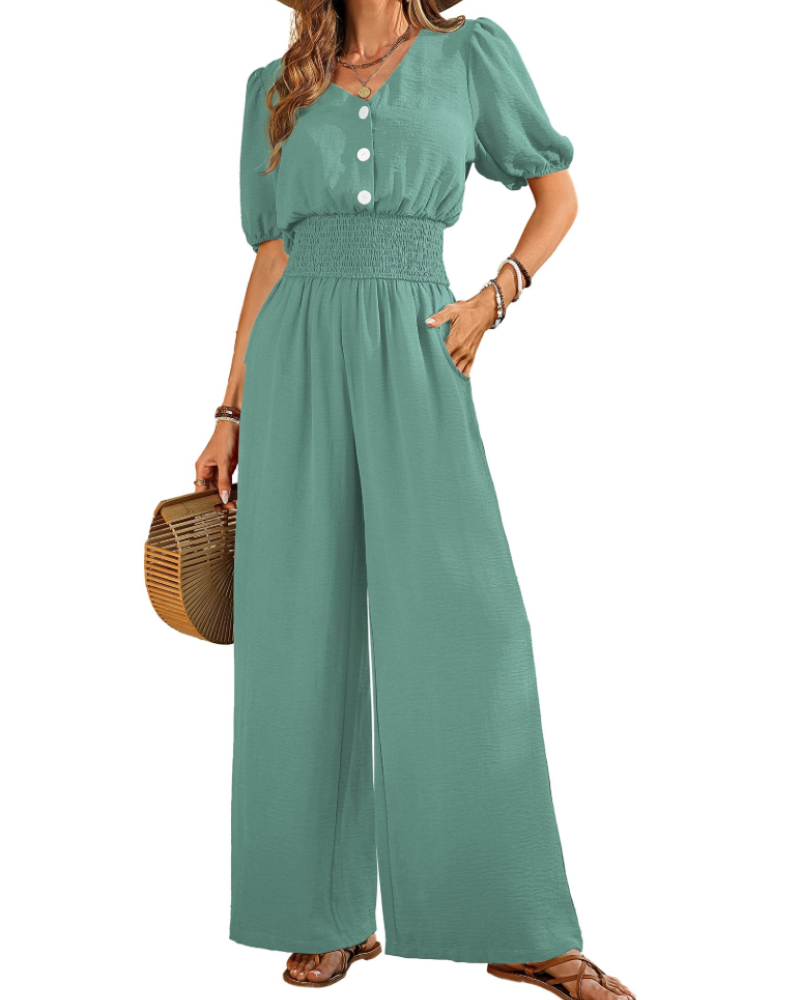 Stella Combinaison Femme Été – Col V Boutonné & Pantalon Large avec Poches