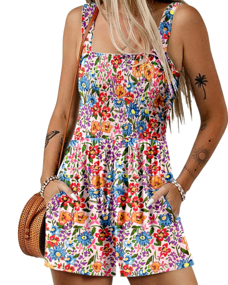 Savannah Damen-Sommer-Overall – Geraffter, quadratischer Ausschnitt mit Taschen