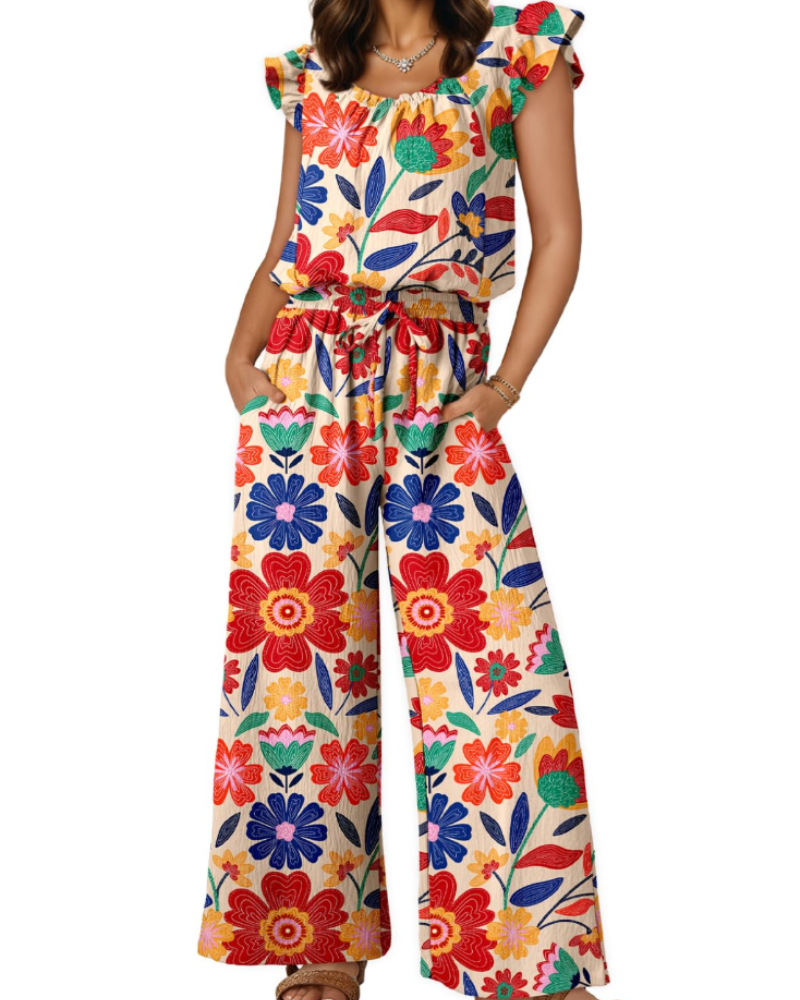 Hazel Damen-Sommeroverall – Volantärmel, eckiger Ausschnitt & weiter Hosenbein