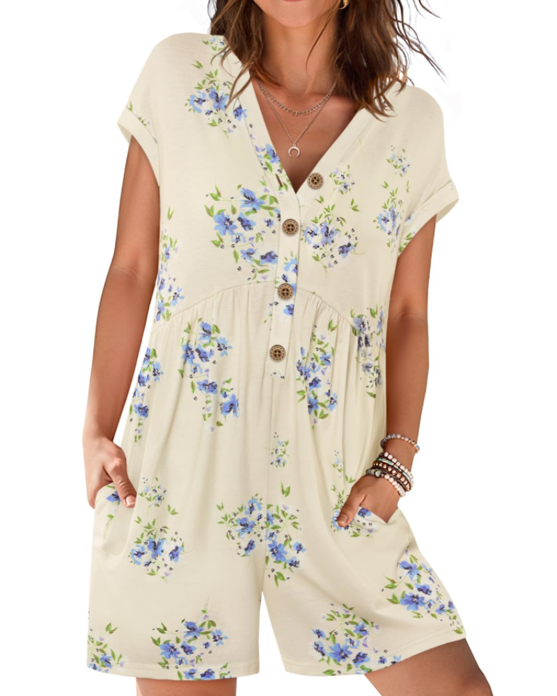 Audrey Combishort Femme Été – Col V Boutonné & Taille Élastique avec Poches