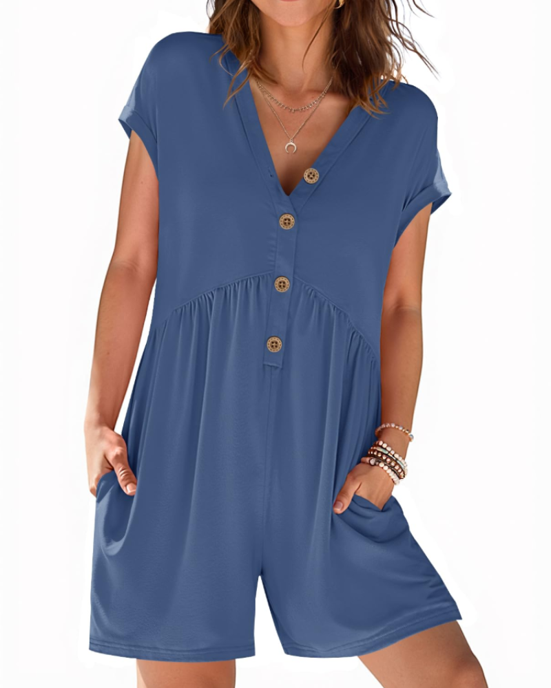Audrey Combishort Femme Été – Col V Boutonné & Taille Élastique avec Poches