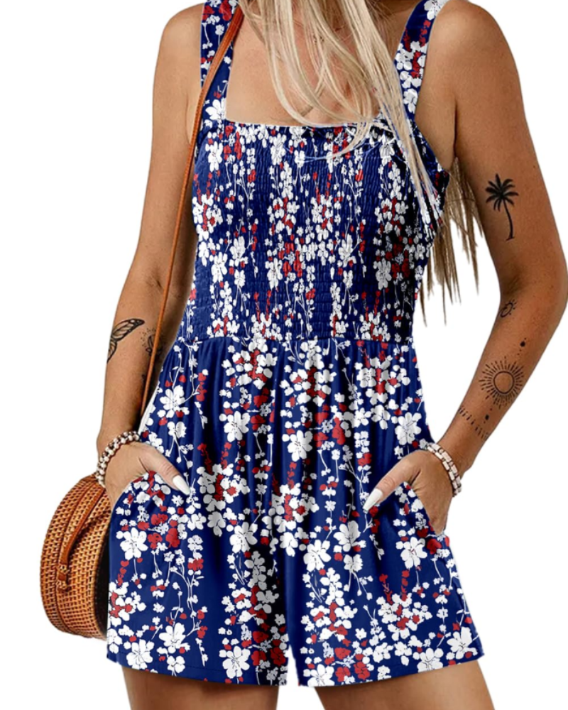 Savannah Damen-Sommer-Overall – Geraffter, quadratischer Ausschnitt mit Taschen