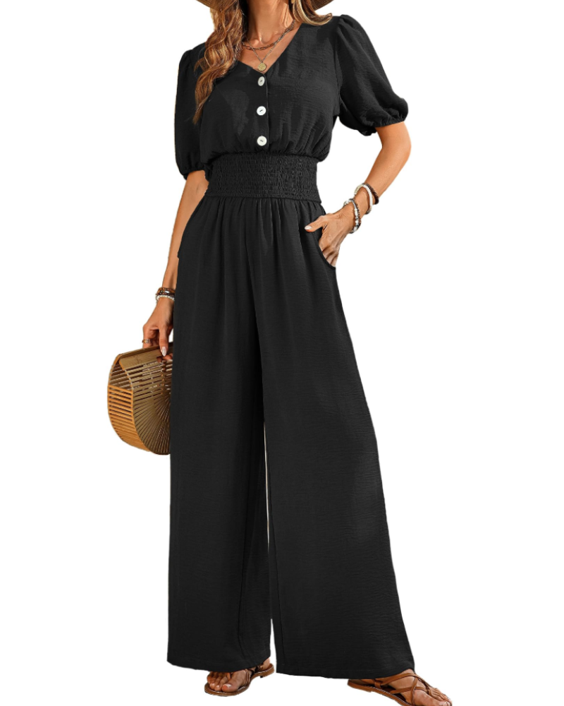 Stella Combinaison Femme Été – Col V Boutonné & Pantalon Large avec Poches