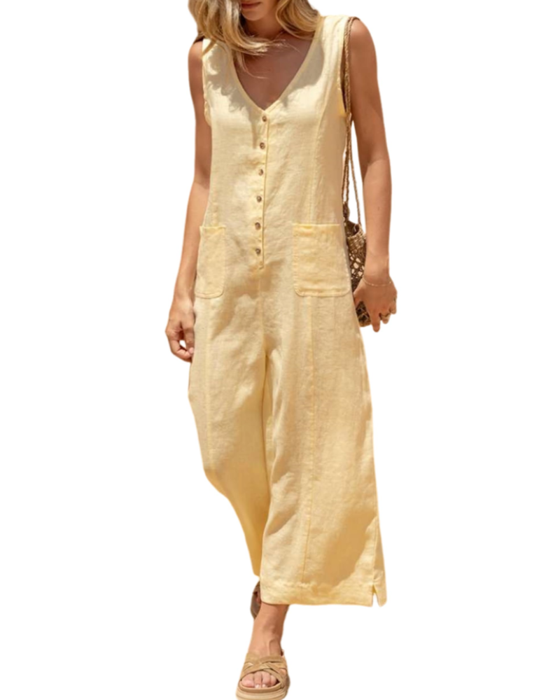 Grace Combinaison Femme Été – Lin Coton Col V Boutonné avec Poches