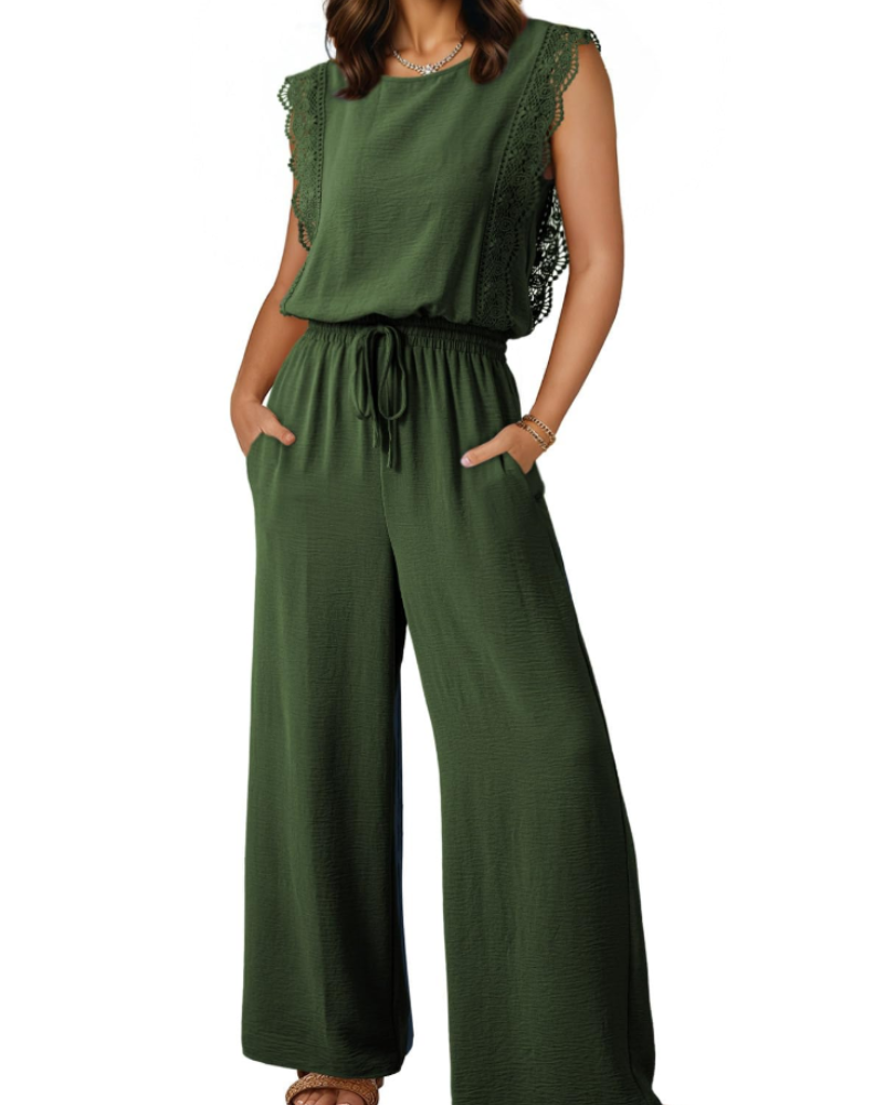 Eleanor Combinaison Femme Été – Dentelle Manches Courtes & Pantalon Large