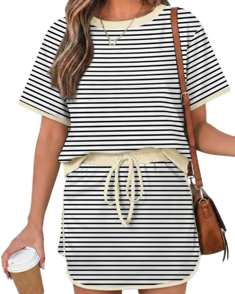 Isla Ensemble Femme Été – T-Shirt Color Block & Jupe-Short Taille Haute