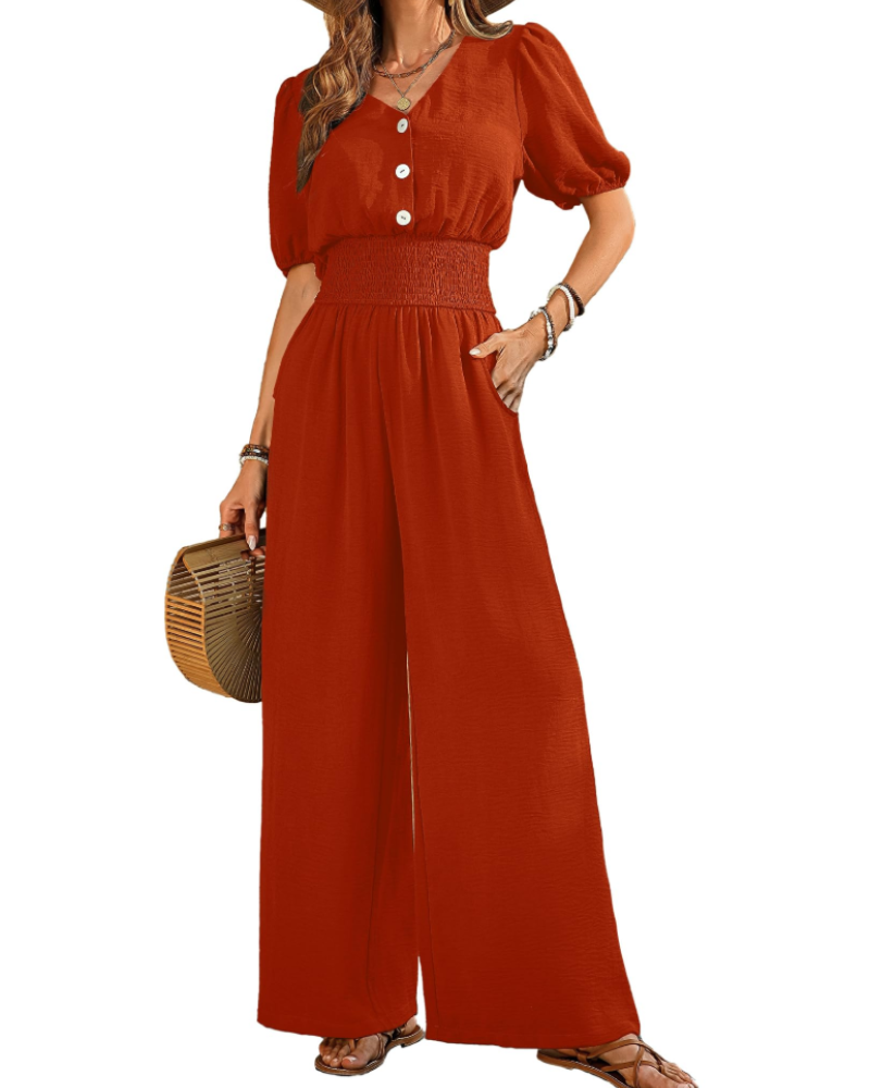 Stella Combinaison Femme Été – Col V Boutonné & Pantalon Large avec Poches