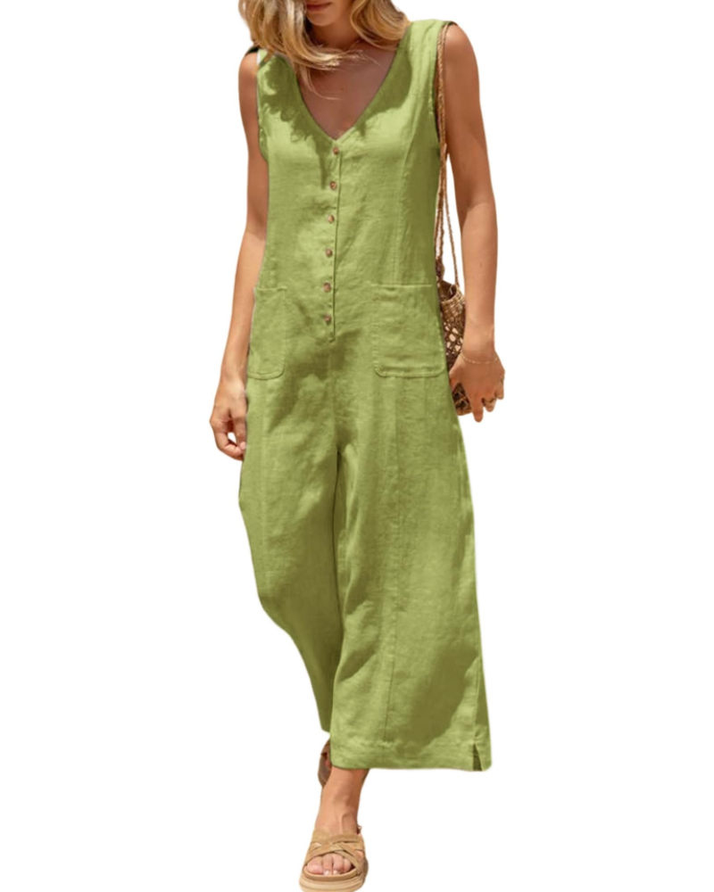 Grace Combinaison Femme Été – Lin Coton Col V Boutonné avec Poches