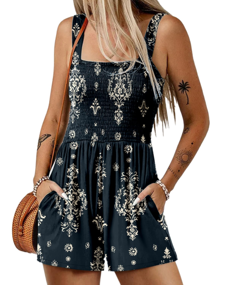 Savannah Damen-Sommer-Overall – Geraffter, quadratischer Ausschnitt mit Taschen