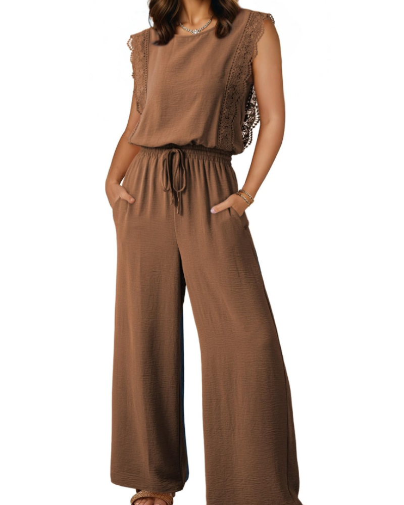 Eleanor Combinaison Femme Été – Dentelle Manches Courtes & Pantalon Large