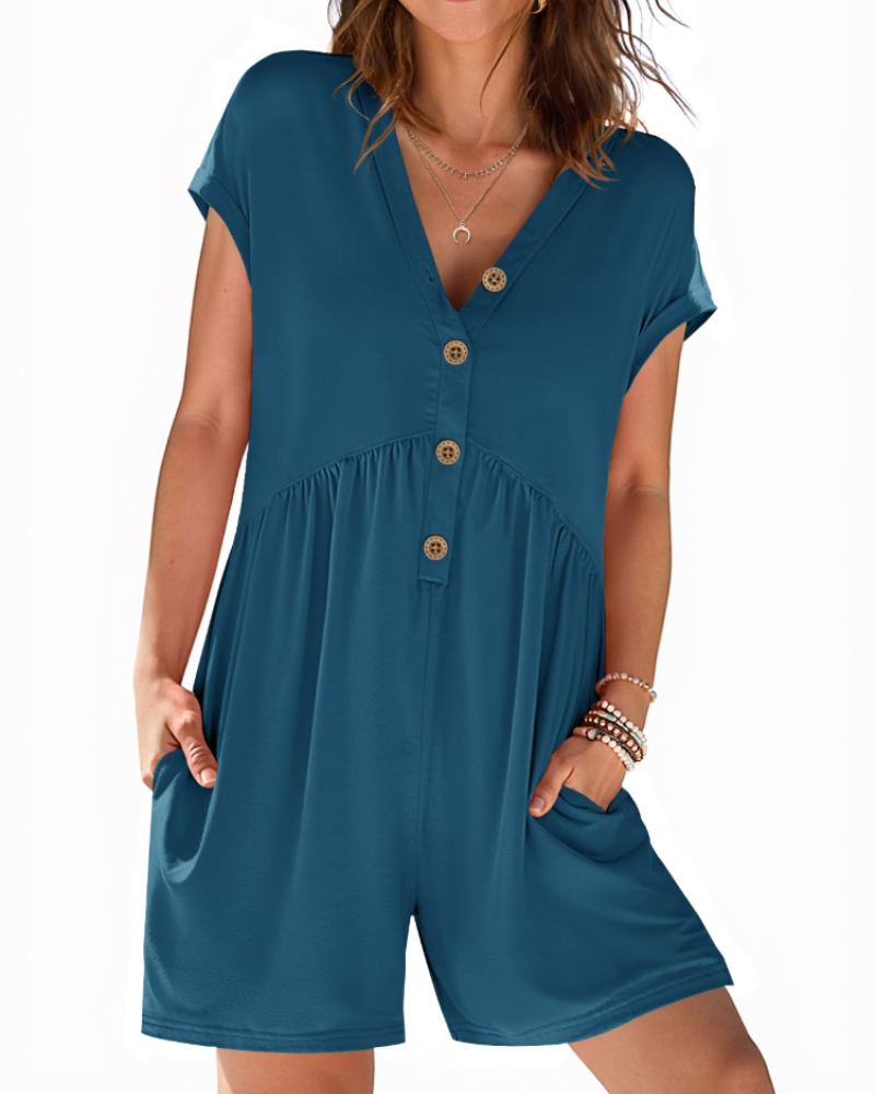 Audrey Combishort Femme Été – Col V Boutonné & Taille Élastique avec Poches