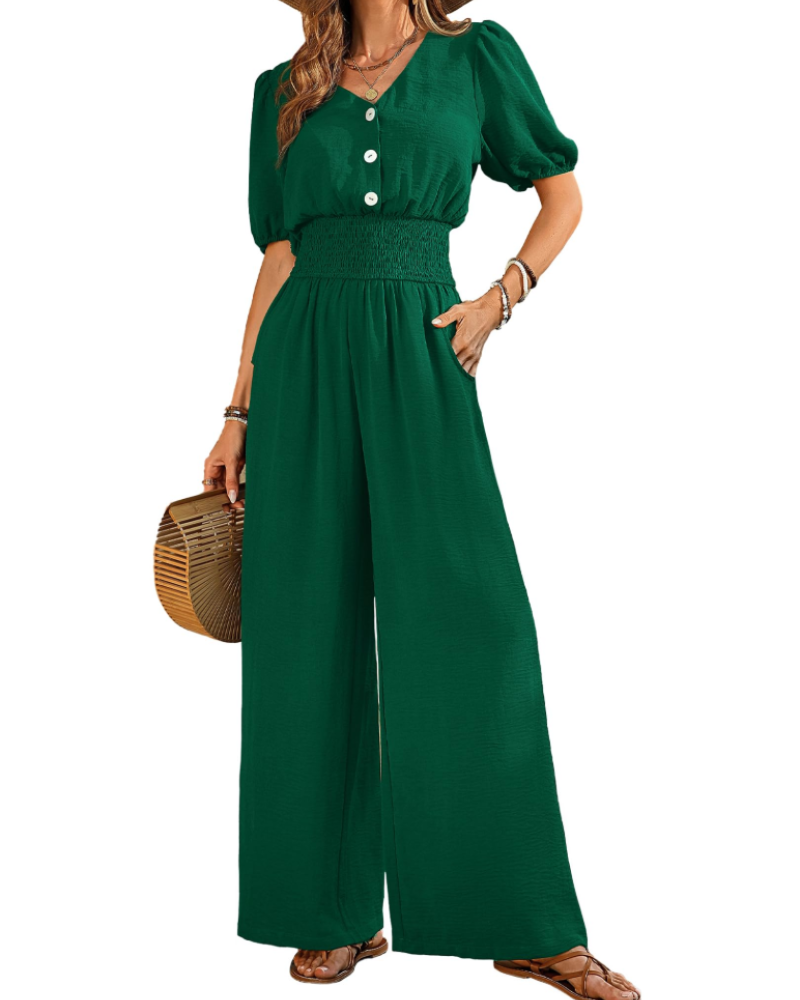 Stella Combinaison Femme Été – Col V Boutonné & Pantalon Large avec Poches