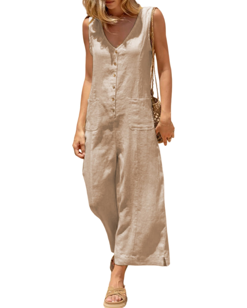 Grace Combinaison Femme Été – Lin Coton Col V Boutonné avec Poches