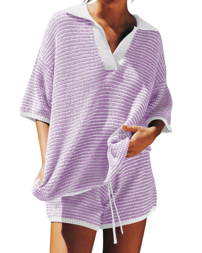 Chloe Ensemble Femme Lounge – Pull Col V Oversize & Short Taille Haute