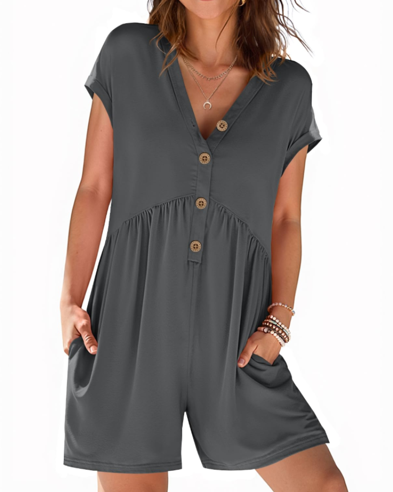 Audrey Combishort Femme Été – Col V Boutonné & Taille Élastique avec Poches