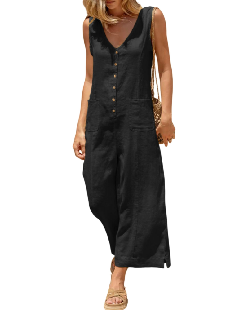 Grace Combinaison Femme Été – Lin Coton Col V Boutonné avec Poches