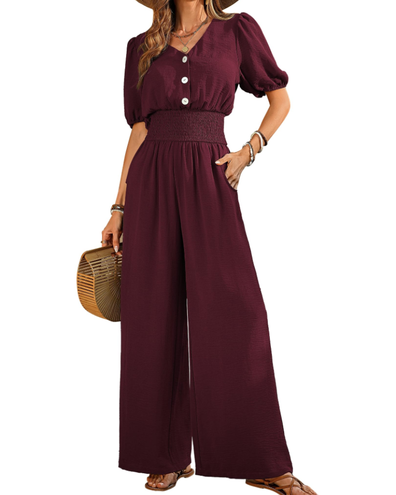 Stella Combinaison Femme Été – Col V Boutonné & Pantalon Large avec Poches