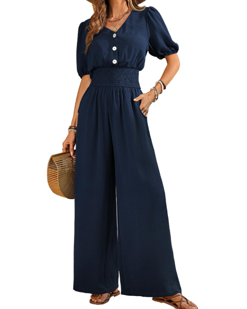 Stella Combinaison Femme Été – Col V Boutonné & Pantalon Large avec Poches