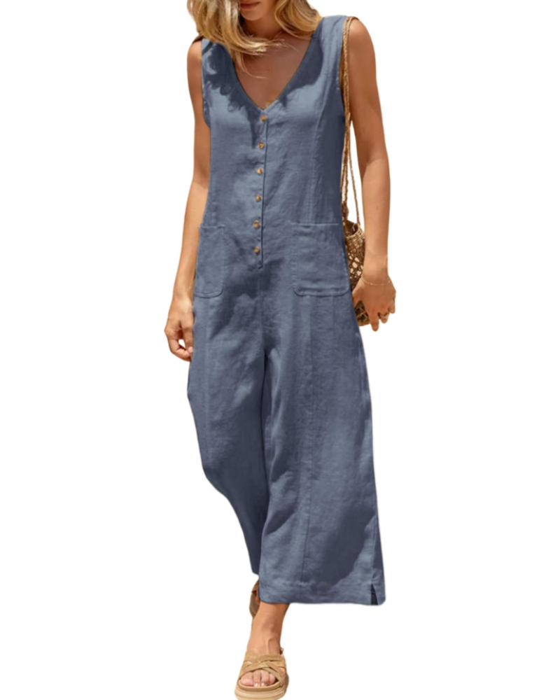 Grace Combinaison Femme Été – Lin Coton Col V Boutonné avec Poches