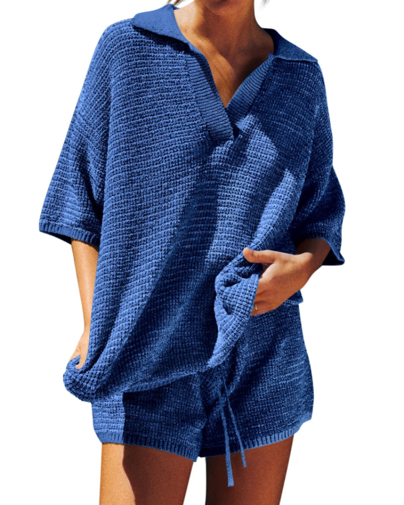 Chloe Ensemble Femme Lounge – Pull Col V Oversize & Short Taille Haute