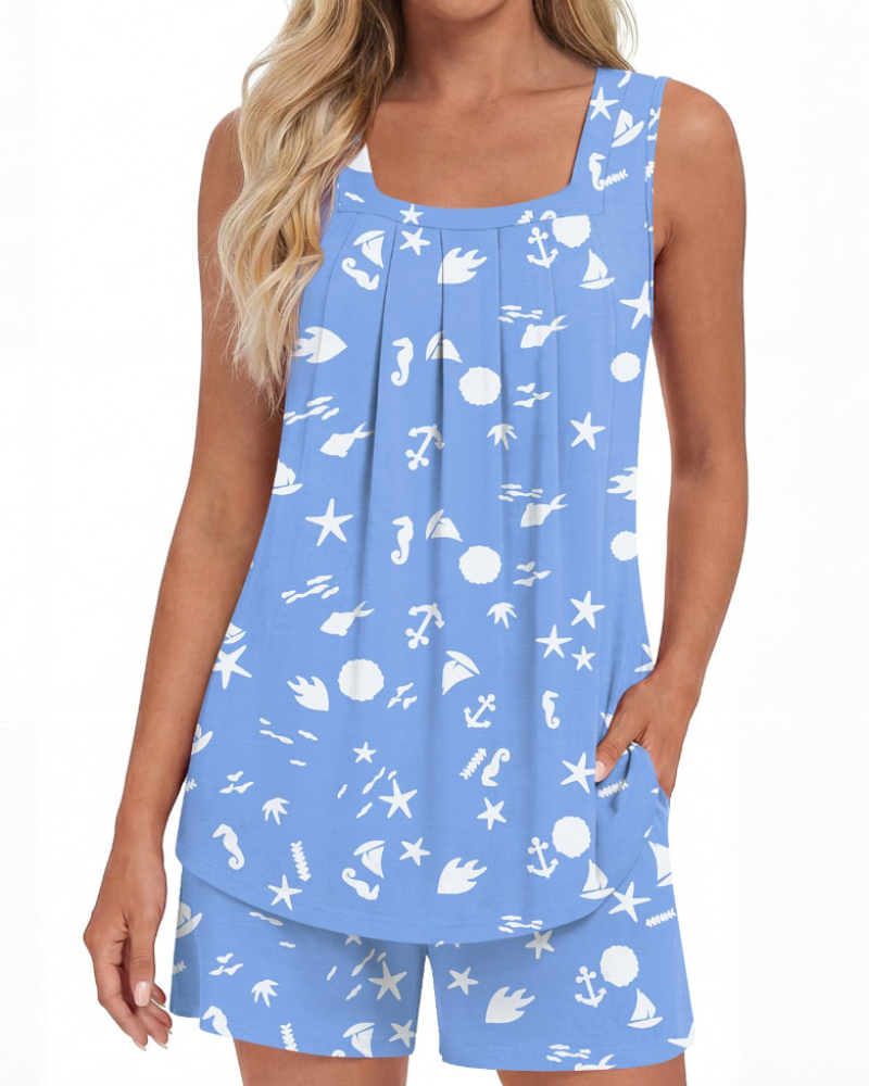Mirella női kétrészes pizsama – szögletes nyakú top és zsebes, légies rövidnadrág