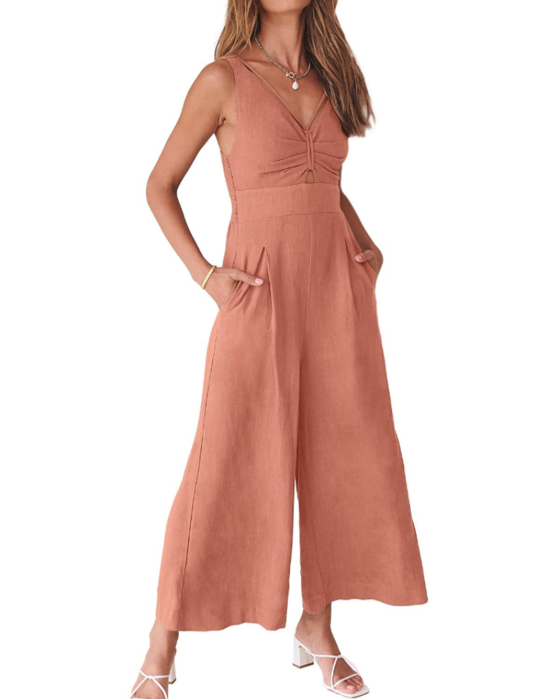 Penelope Combinaison Femme Été – Lin Col V Dos Nu & Pantalon Large