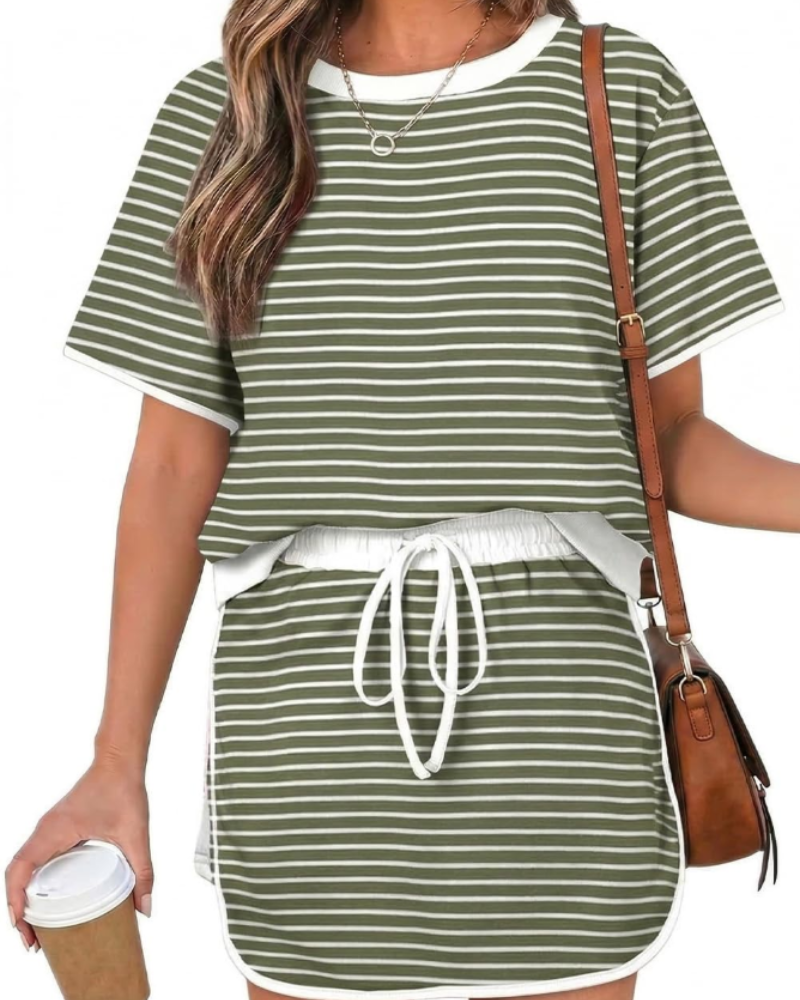 Isla Ensemble Femme Été – T-Shirt Color Block & Jupe-Short Taille Haute