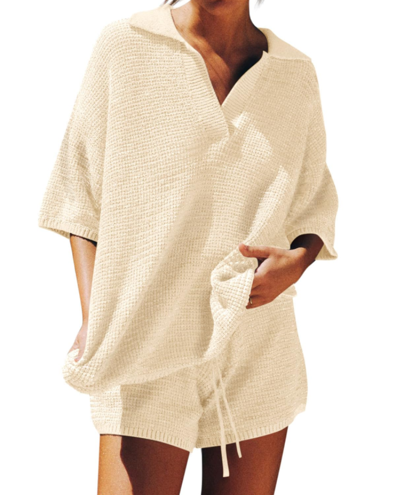 Chloe Ensemble Femme Lounge – Pull Col V Oversize & Short Taille Haute