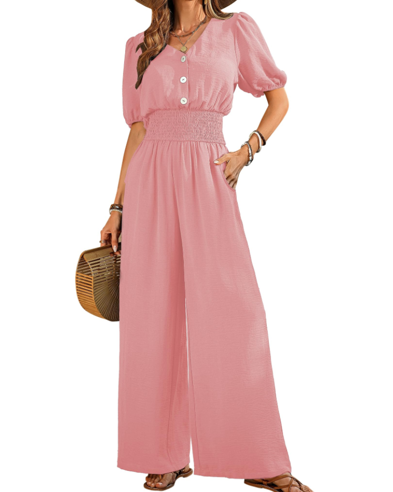 Stella Combinaison Femme Été – Col V Boutonné & Pantalon Large avec Poches