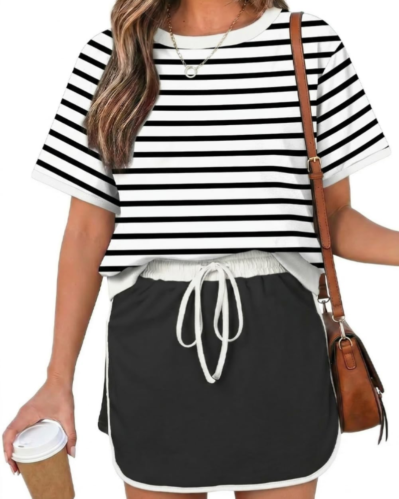 Isla Ensemble Femme Été – T-Shirt Color Block & Jupe-Short Taille Haute