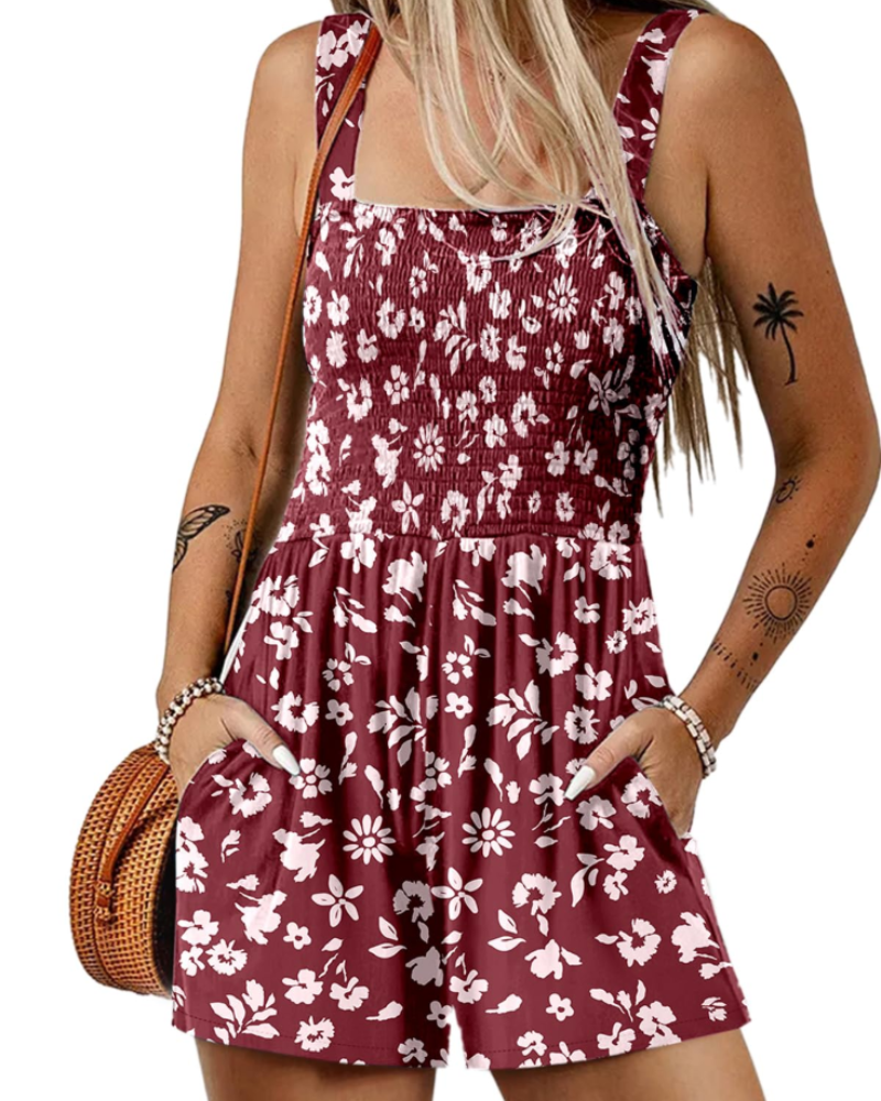 Savannah Damen-Sommer-Overall – Geraffter, quadratischer Ausschnitt mit Taschen