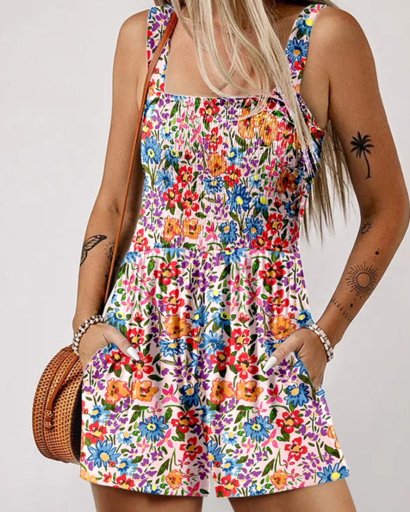 Savannah Damen-Sommer-Overall – Geraffter, quadratischer Ausschnitt mit Taschen