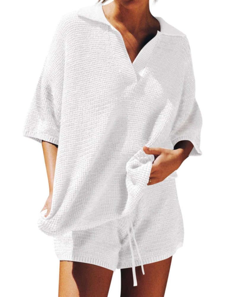 Chloe Ensemble Femme Lounge – Pull Col V Oversize & Short Taille Haute