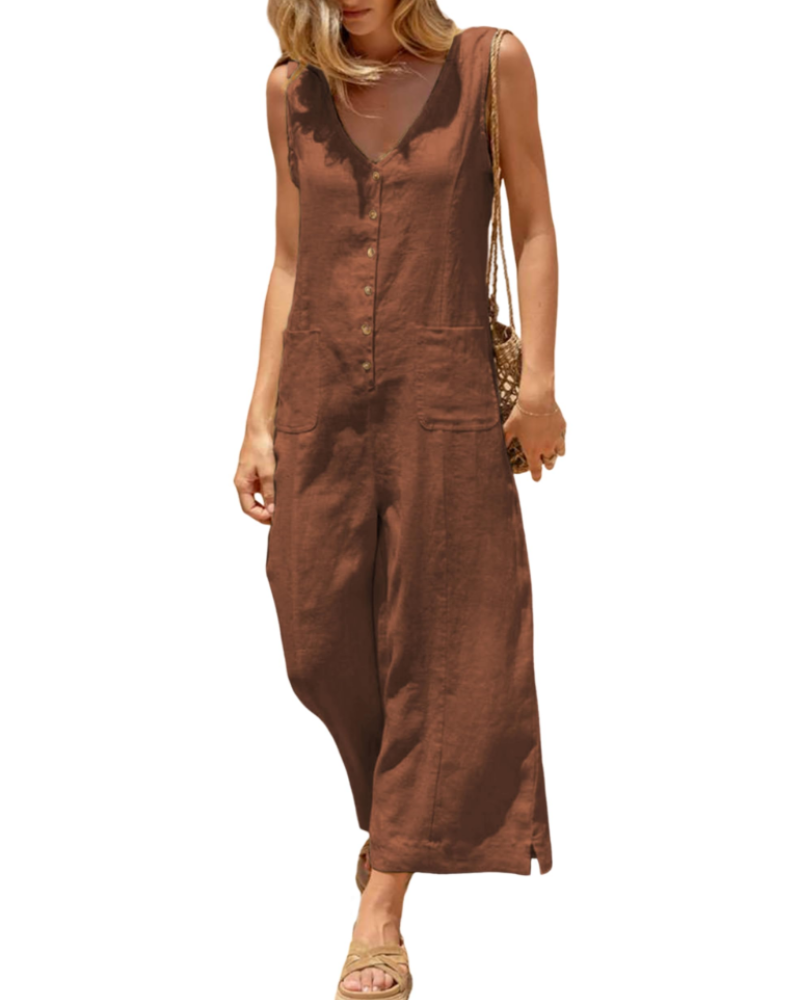 Grace Combinaison Femme Été – Lin Coton Col V Boutonné avec Poches